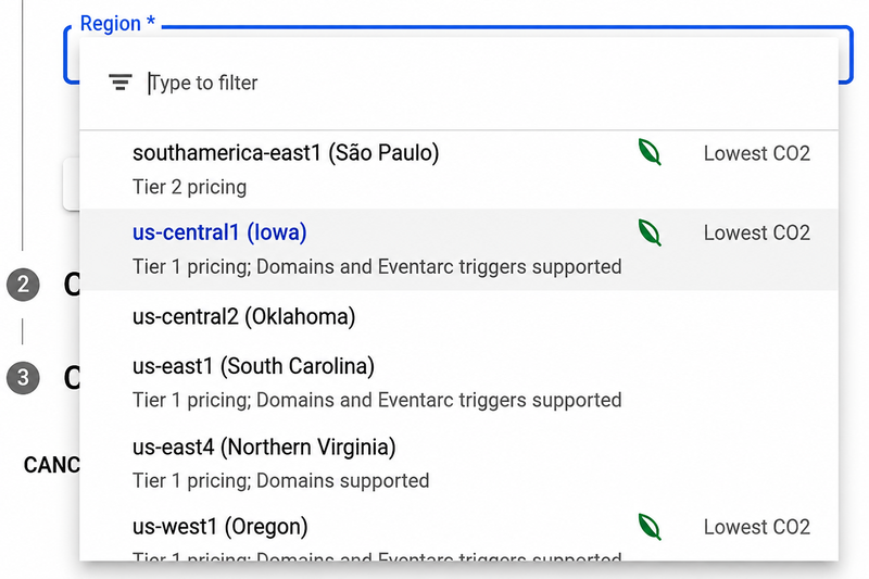 Google Cloud region selector listing deployment regions including us-central1 us-east1 and us-west1