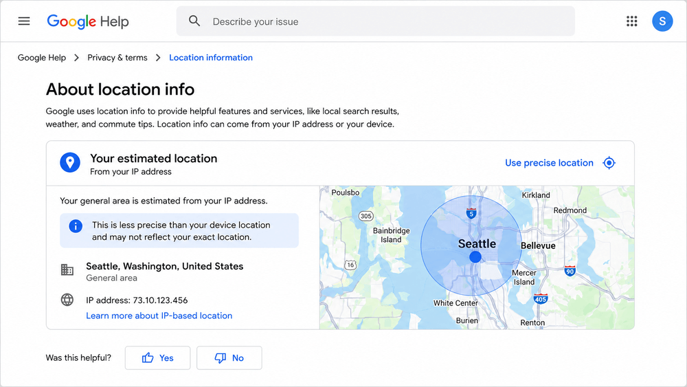 Google Help location information showing an estimated location from an IP address and a Use precise location option