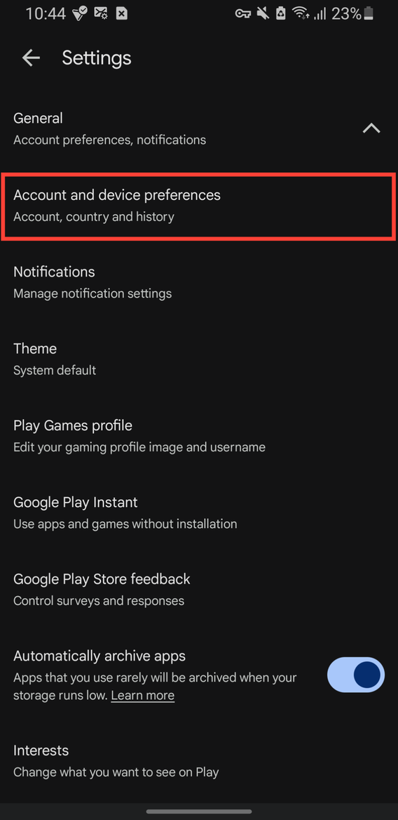 Google Play settings showing Account and device preferences