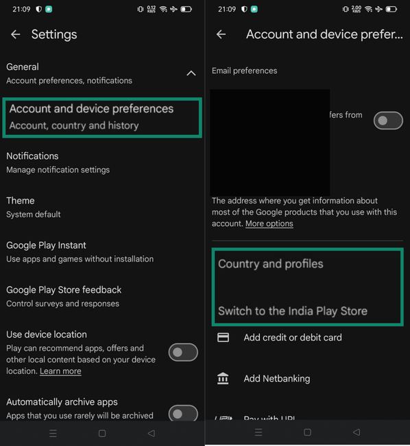 Google Play path from Settings to Account and device preferences and Country and profiles