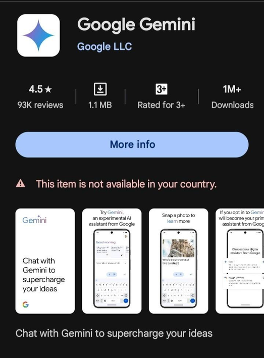 Google Play showing Google Gemini with the message This item is not available in your country
