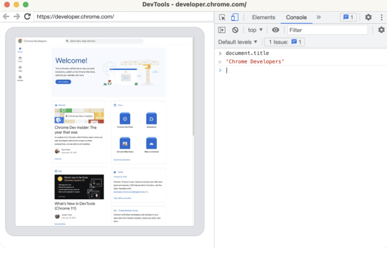 Chrome DevTools inspecting a Headless Chrome target with rendered page and Console