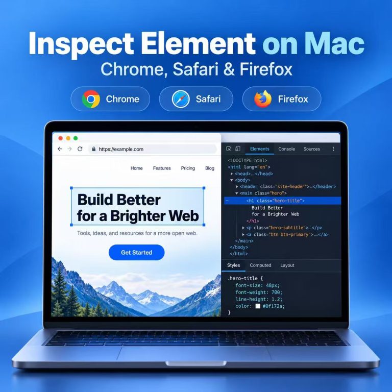 Inspect Element on Mac cover showing Chrome DevTools on a MacBook with Chrome, Safari, and Firefox support