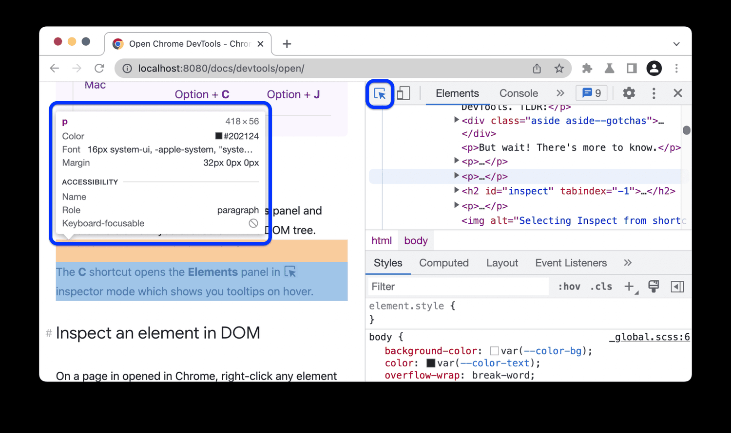 Chrome inspect mode highlighting a page element while the Elements panel is open on Mac
