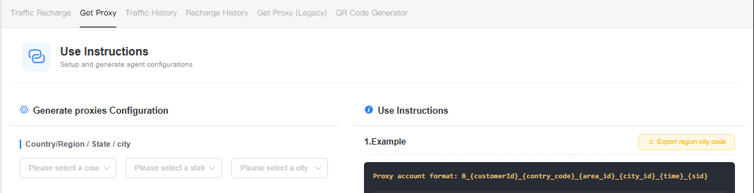 IPWeb residential proxy dashboard for generating proxy configuration settings