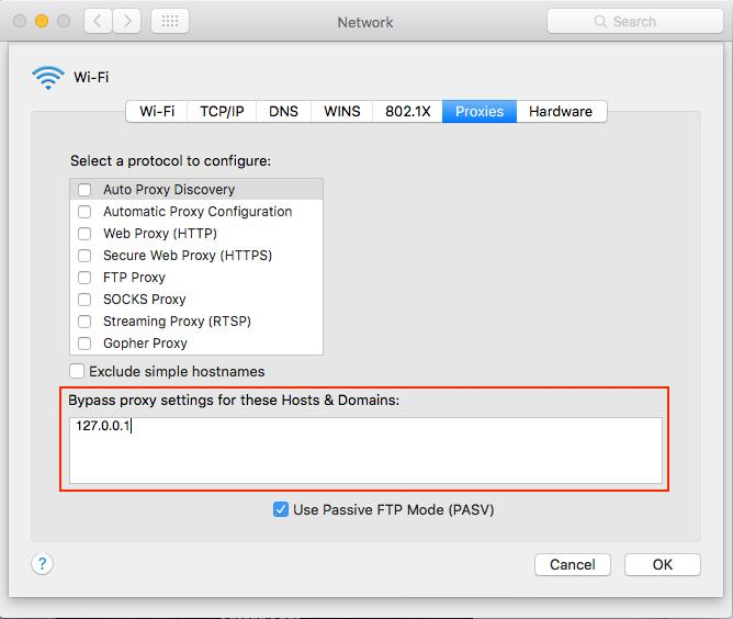 macOS Network proxy settings showing 127.0.0.1 in the bypass hosts and domains list