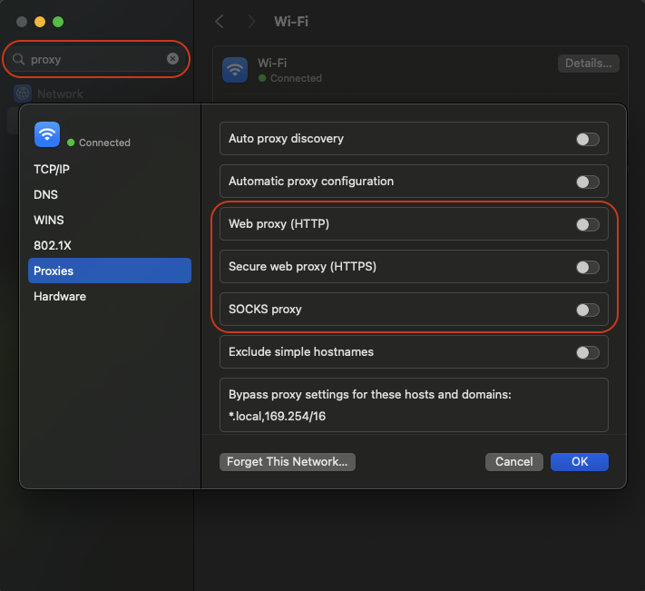 macOS Wi-Fi proxy settings panel showing HTTP, HTTPS, SOCKS, and bypass options