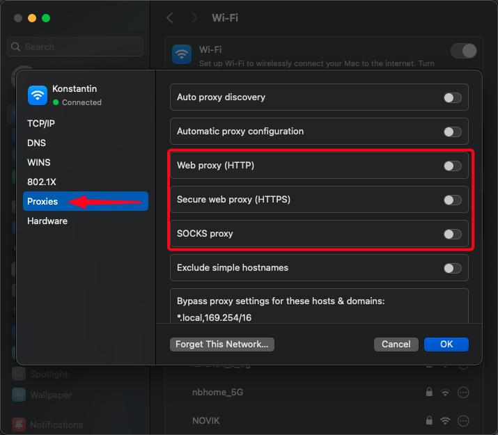macOS proxy settings with HTTP, HTTPS, and SOCKS options highlighted