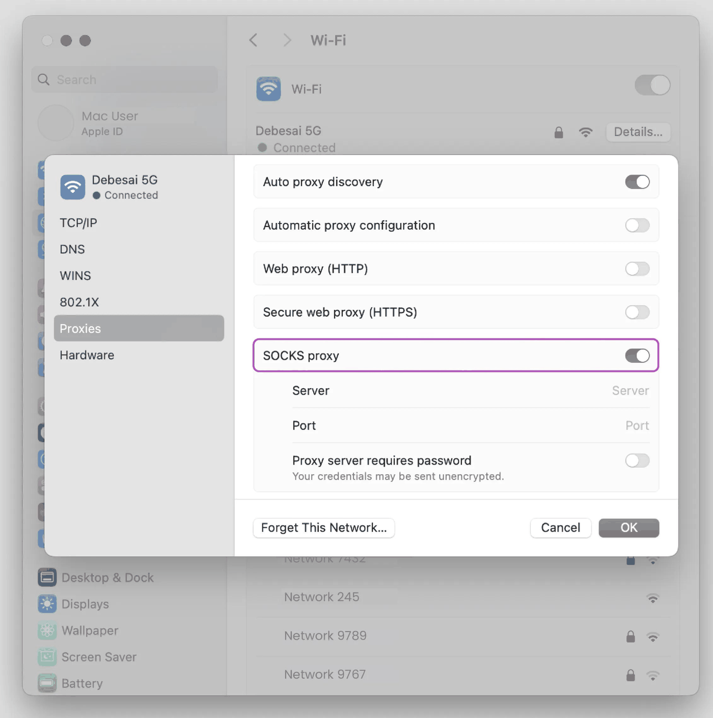 macOS SOCKS proxy settings showing server, port, and password fields