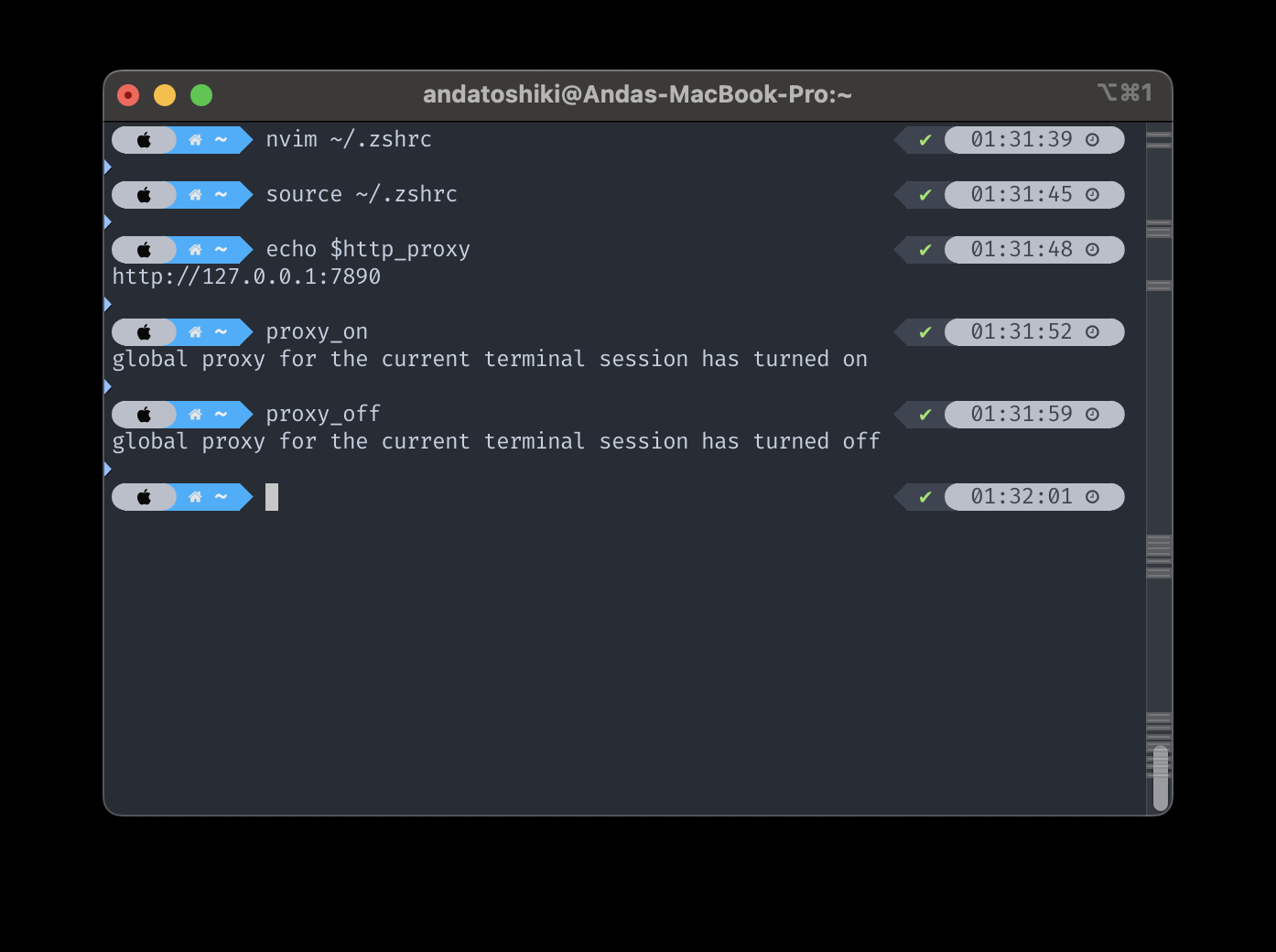 macOS Terminal showing zshrc reload, http_proxy value, and proxy on and off commands