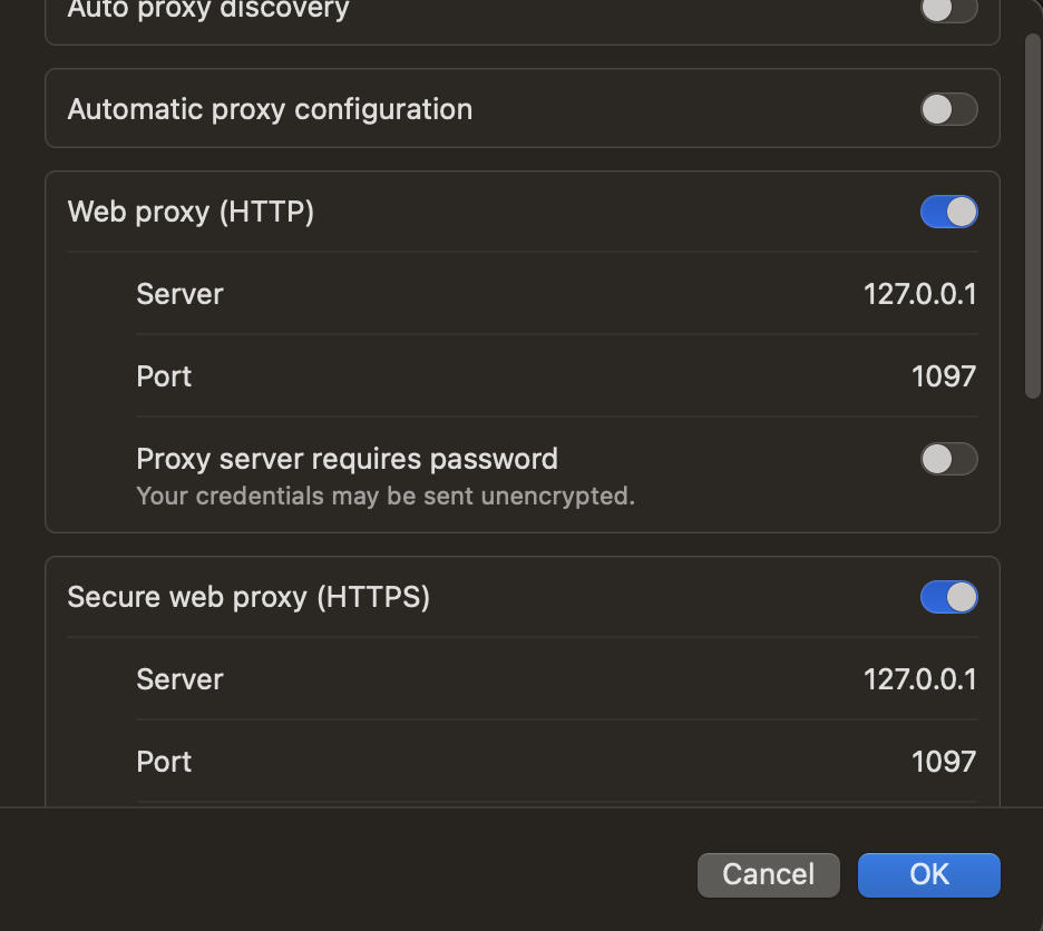 macOS Ventura proxy settings showing HTTP and HTTPS proxy server configuration