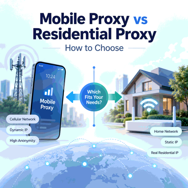 Mobile proxy vs residential proxy comparison showing a cellular network and a home network