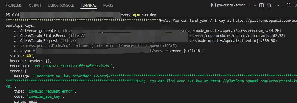 OpenAI API 401 invalid API key error shown in a terminal