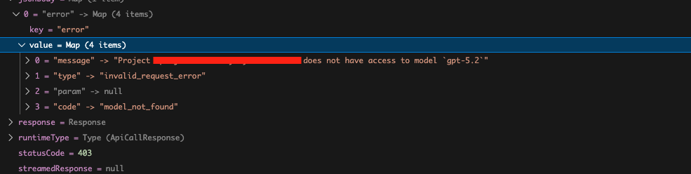 OpenAI API 403 error showing project does not have access to the requested model
