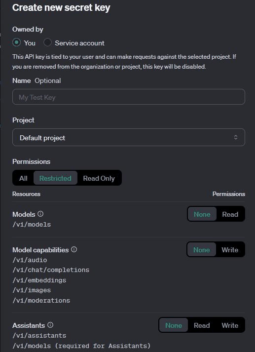 OpenAI API key Restricted permissions showing endpoint-level Read and Write access
