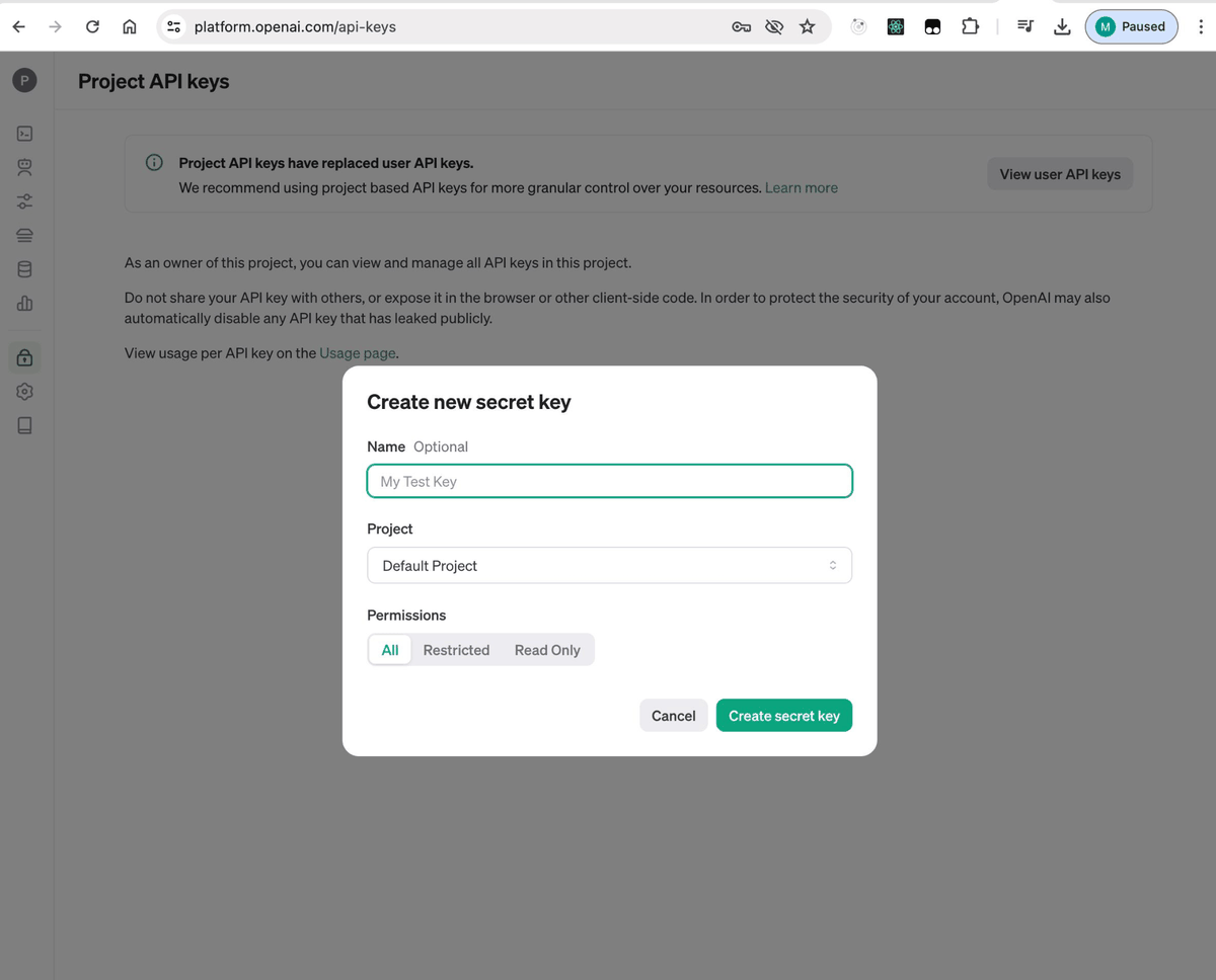 OpenAI Project API Keys page showing project selection and secret key permissions
