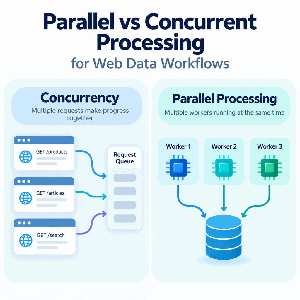 Parallel vs concurrent processing cover image for web data workflows, comparing concurrency and parallel processing in a clean blue and teal infographic style
