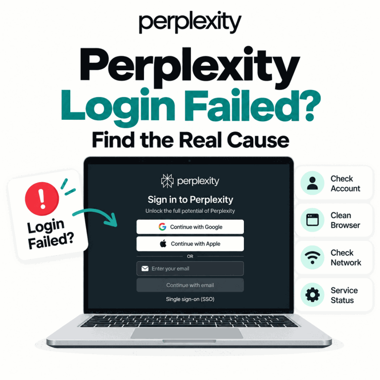 Perplexity Login Failed cover showing a Perplexity sign-in screen with account, browser, network, and service status checks