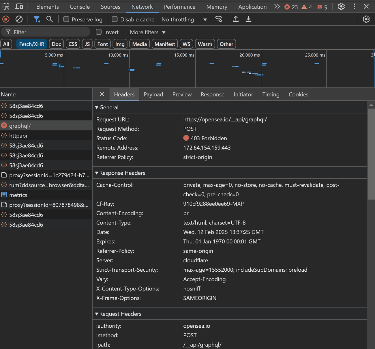 Chrome DevTools showing a 403 Forbidden network request and response headers