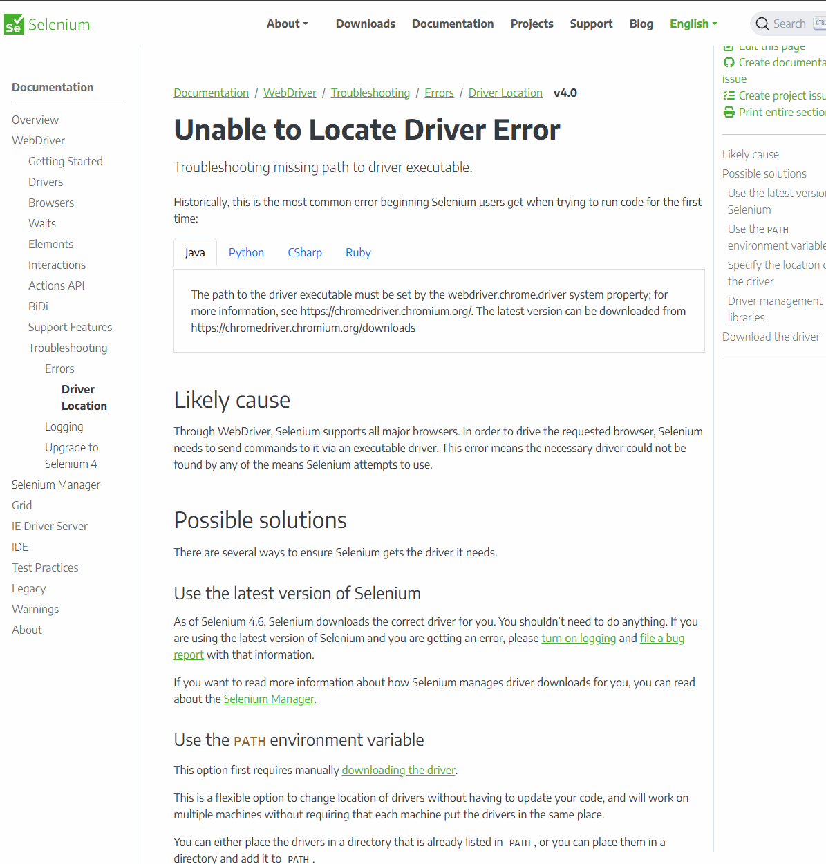 Selenium documentation page for the Unable to Locate Driver Error troubleshooting guide