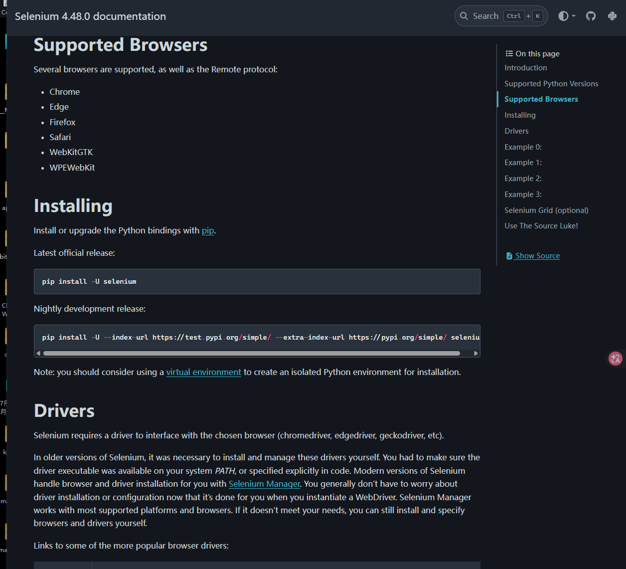 Selenium Python documentation showing the Installing and Drivers sections with the pip install command and Selenium Manager note