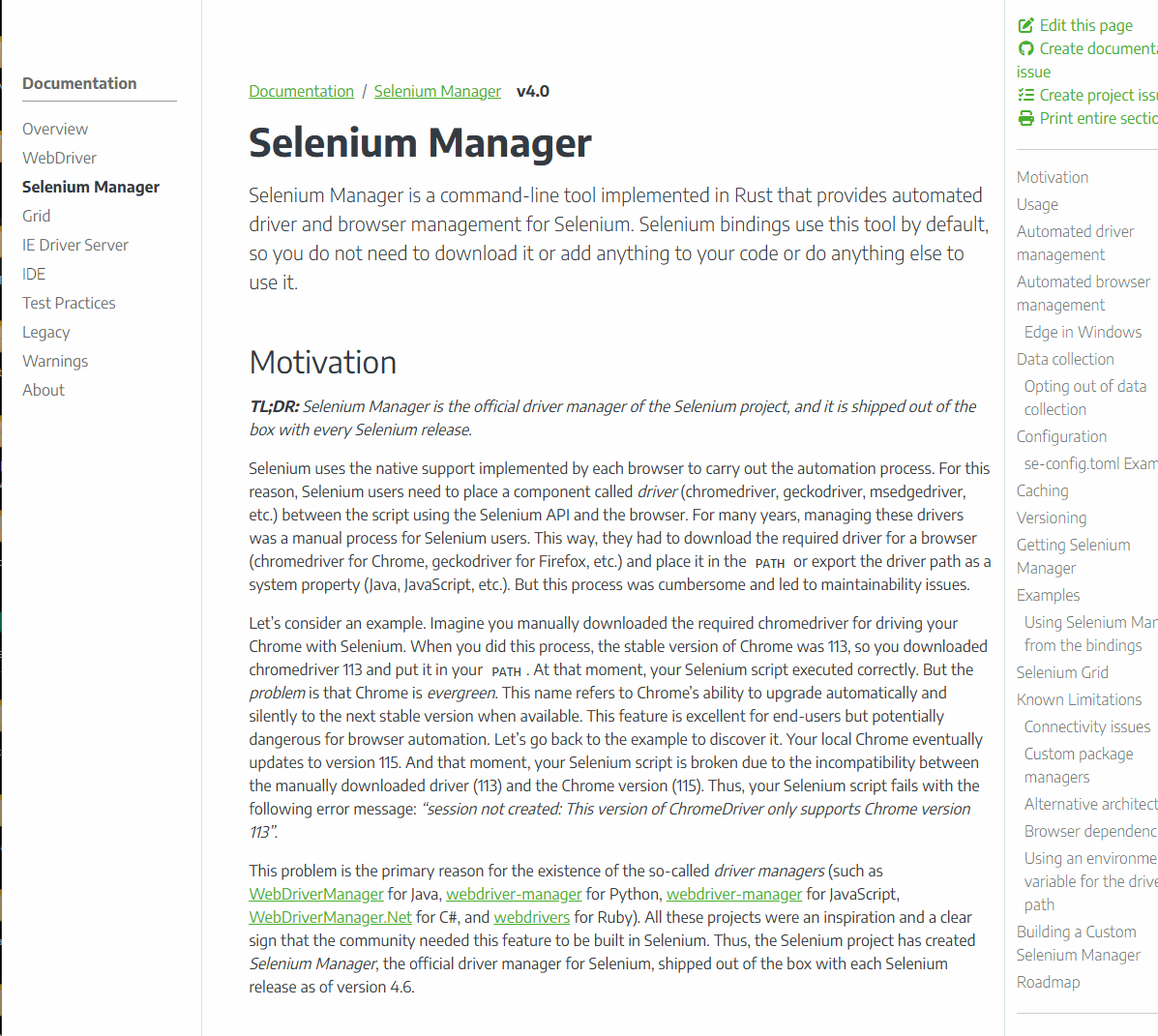 Selenium Manager documentation page explaining automated driver and browser management