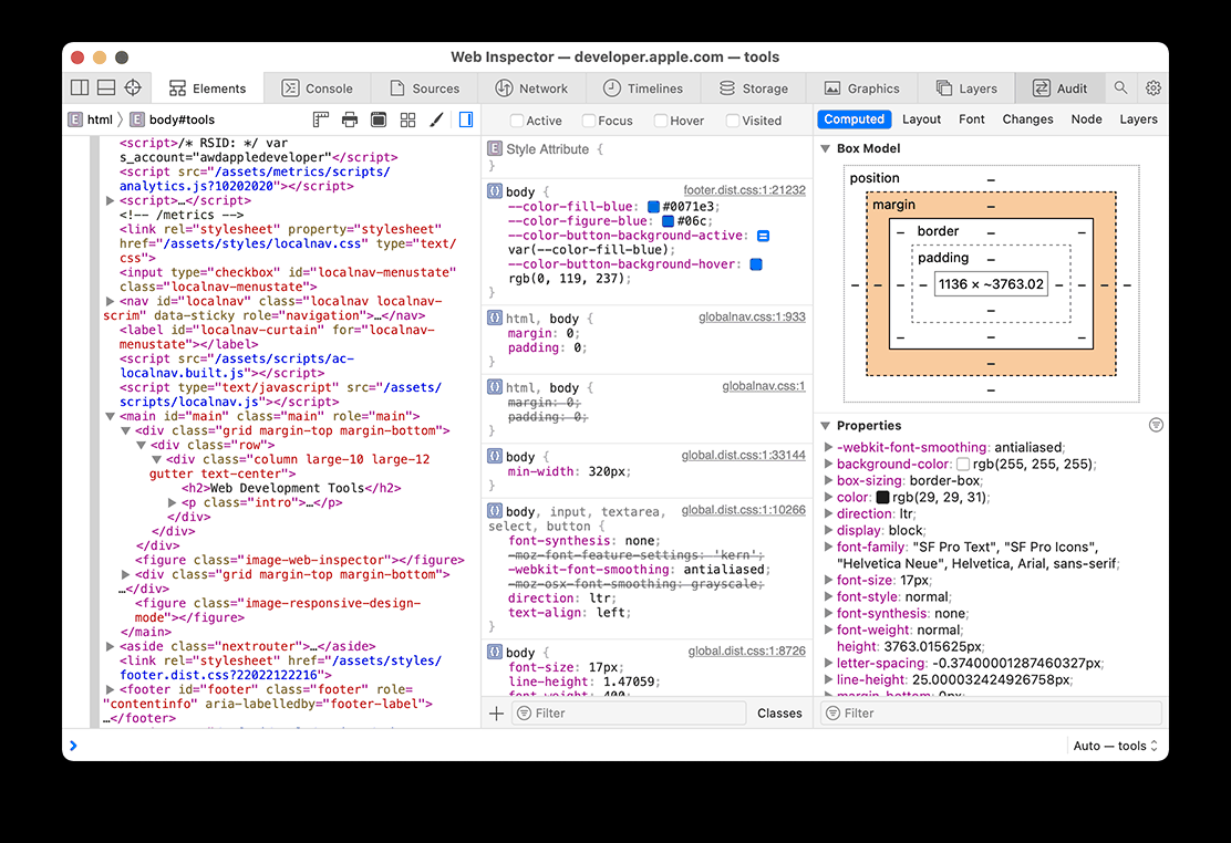 Safari Web Inspector on Mac showing Elements, Styles, and Computed layout details