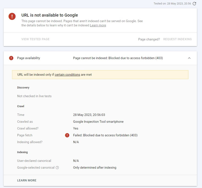 Google Search Console showing page cannot be indexed because access is forbidden 403