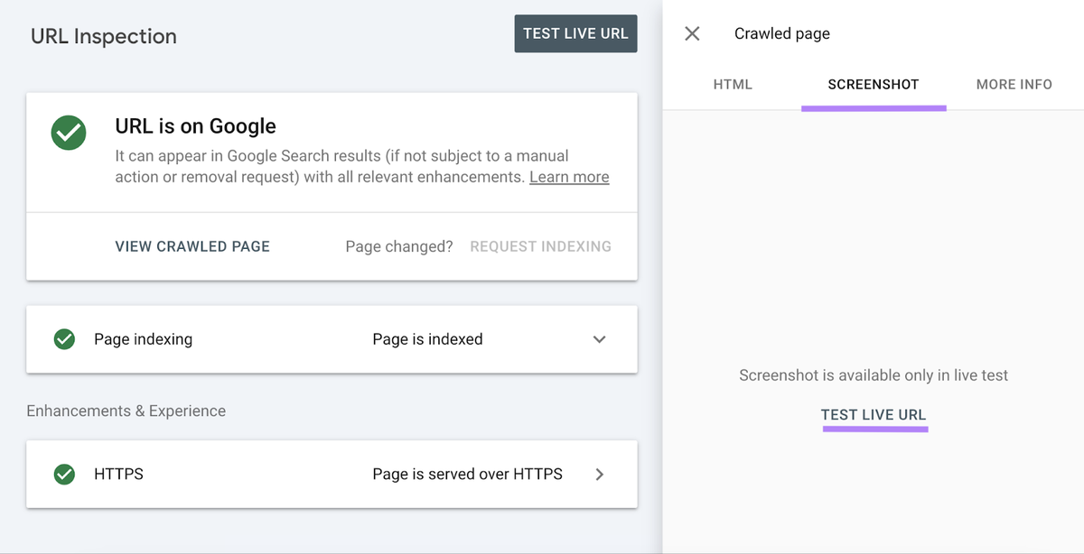 Google Search Console URL Inspection showing URL is on Google and page is indexed