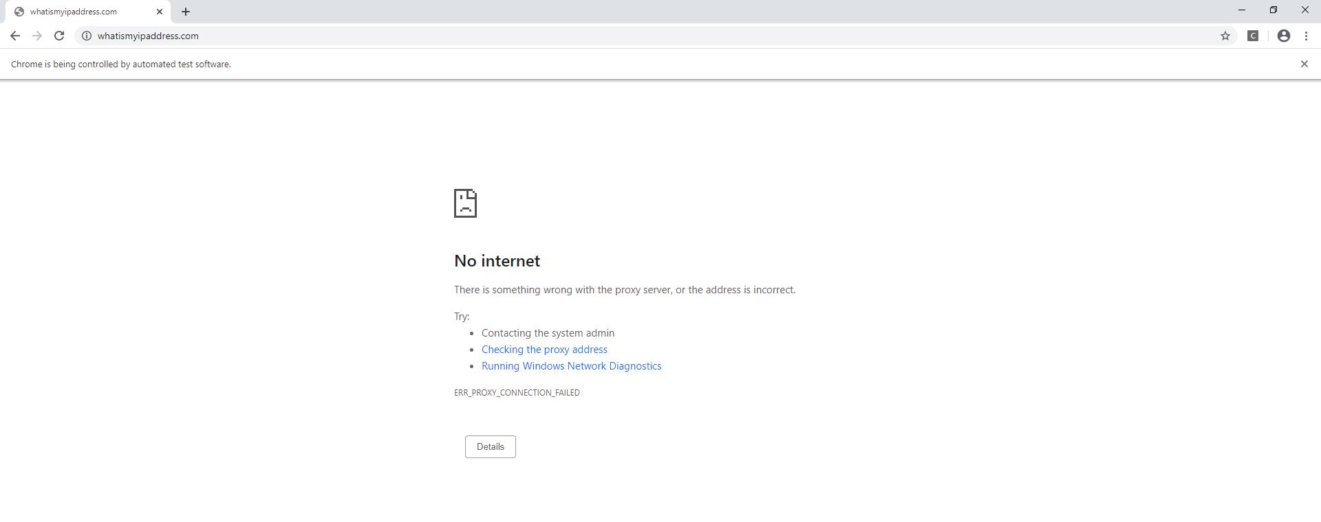 Chrome ERR_PROXY_CONNECTION_FAILED error in a Selenium-controlled browser