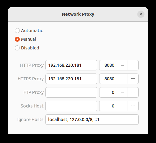 Ubuntu GNOME network proxy settings showing HTTP HTTPS SOCKS and ignore hosts