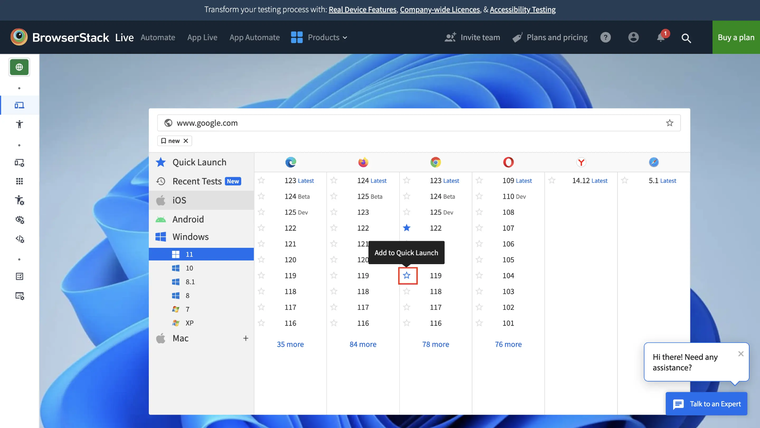 BrowserStack Live dashboard showing Windows 11 and multiple browser versions for cross-browser testing