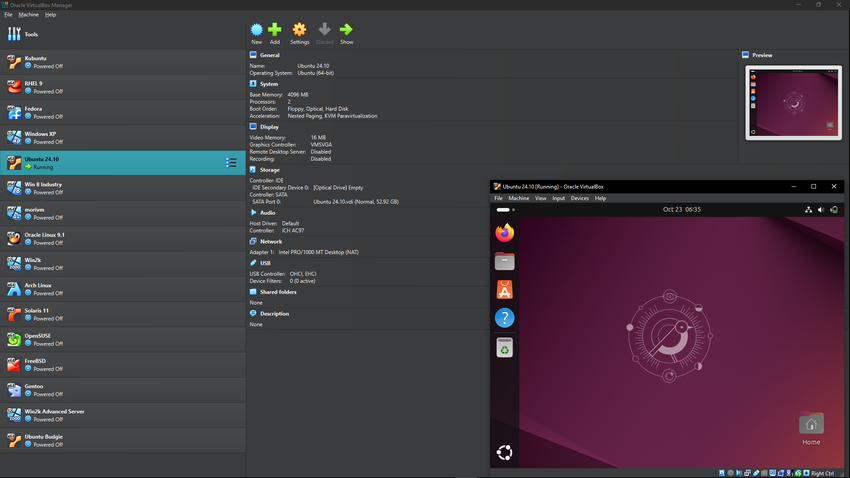 Oracle VirtualBox Manager showing Ubuntu 24.10 running as a guest virtual machine