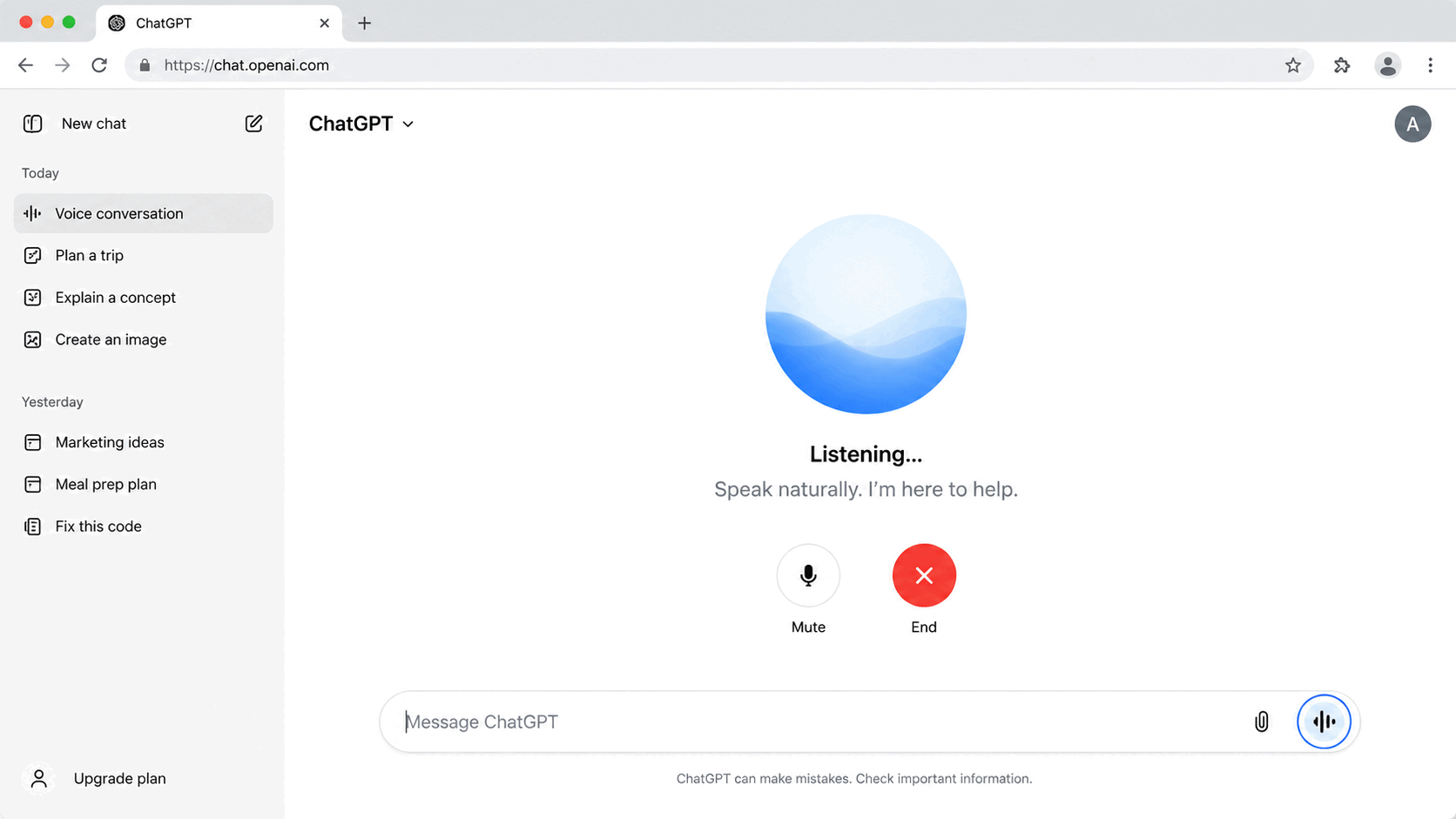 ChatGPT Voice conversation interface showing microphone mute and audio controls