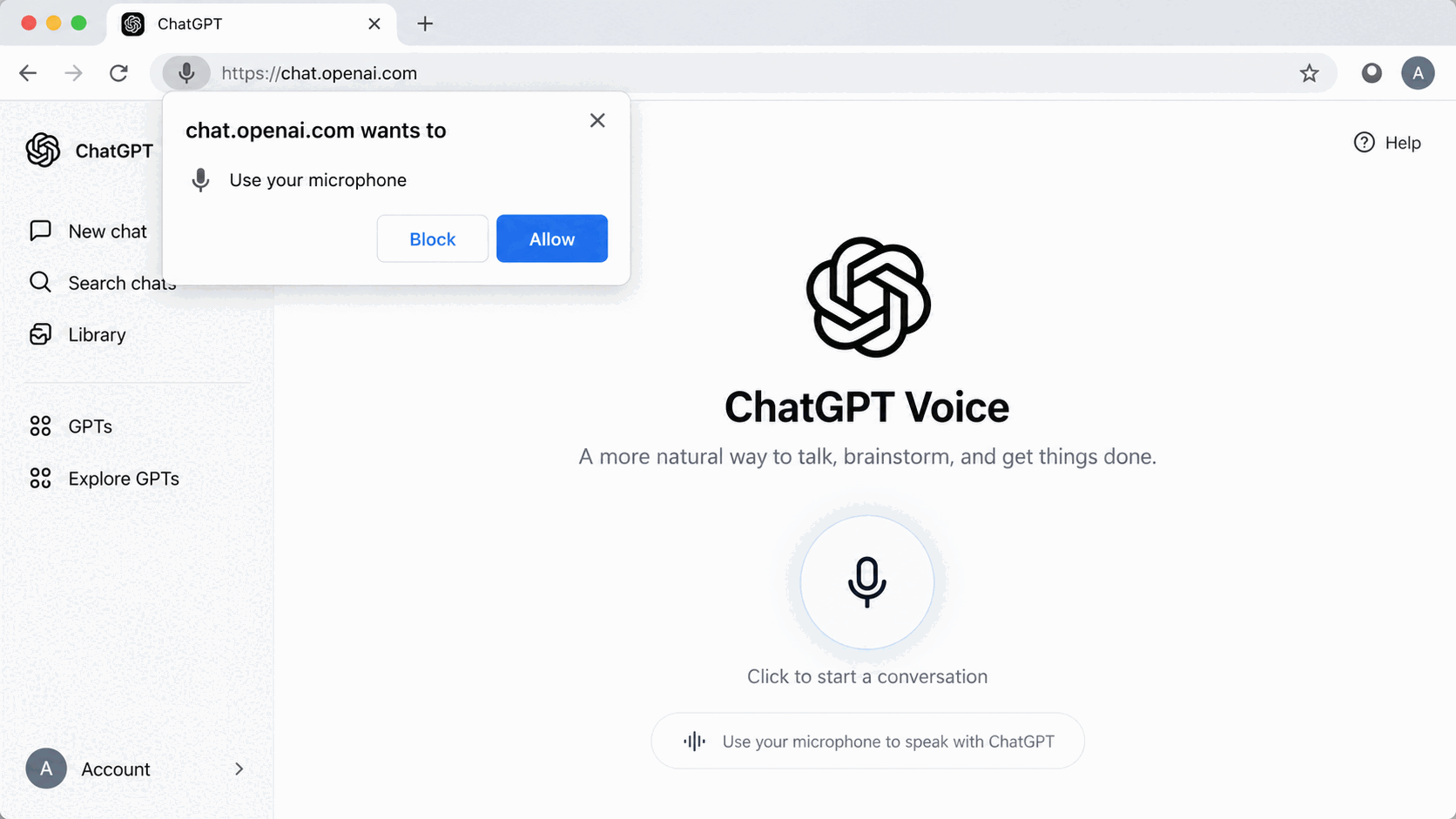 ChatGPT Voice microphone permission prompt on a supported device or browser