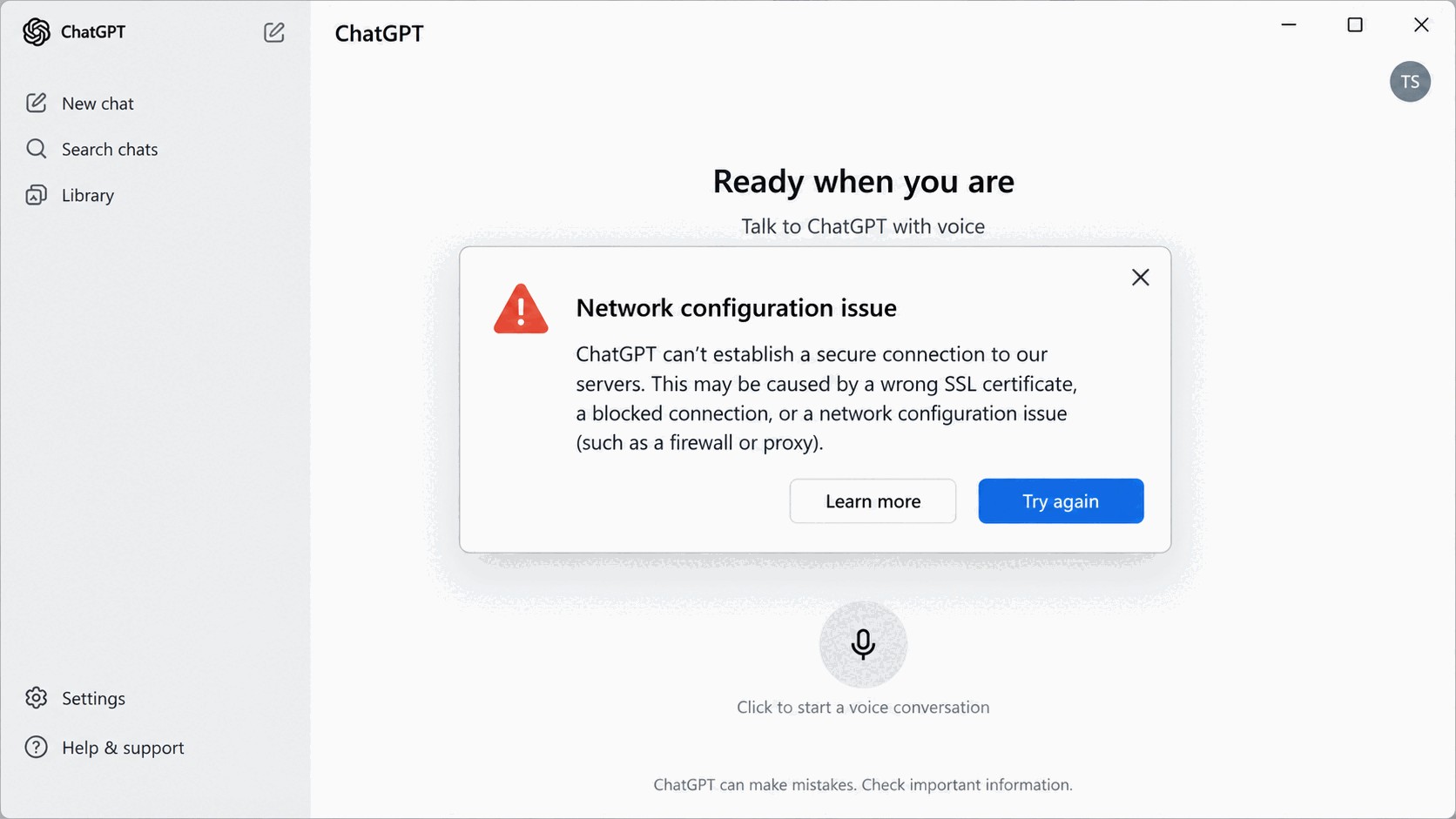 ChatGPT Voice network configuration warning about SSL certificates, blocked connections, or restrictive firewall settings
