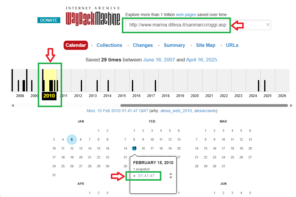 Wayback Machine calendar showing archived captures by year and a snapshot timestamp on February 15 2010