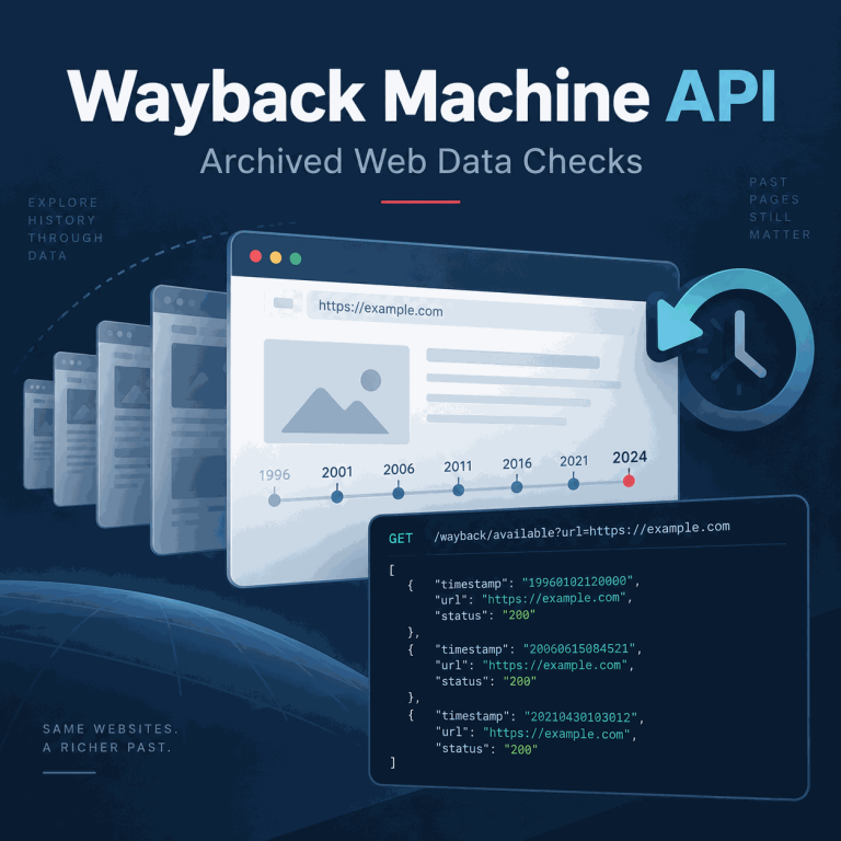 Wayback Machine API cover showing archived web pages, a historical timeline, and API response data