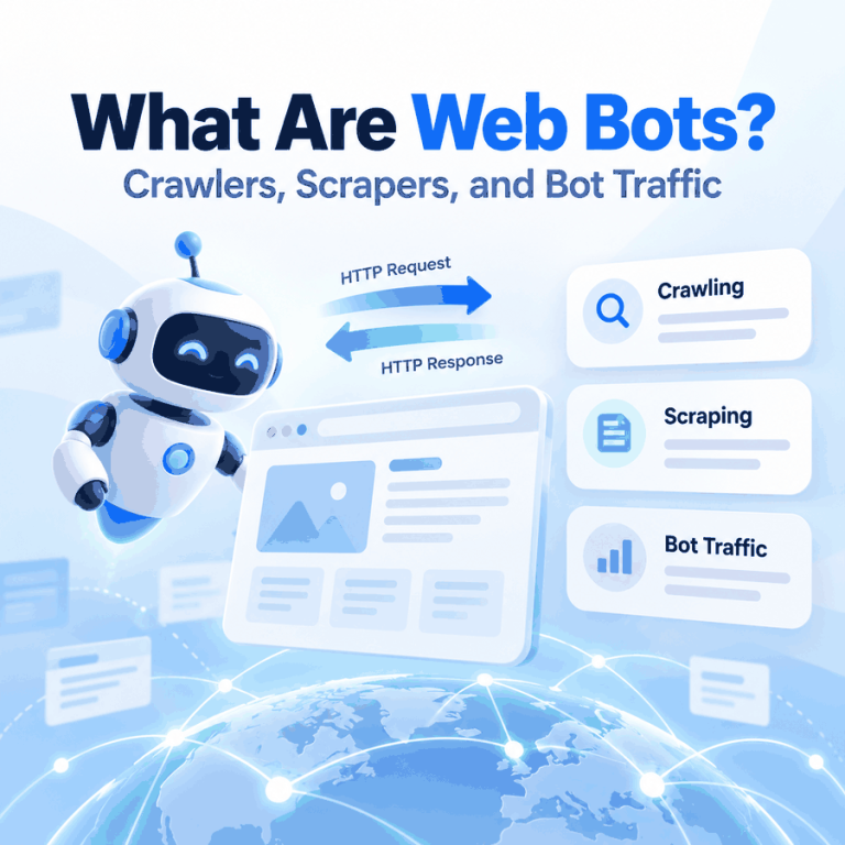 Cover illustration showing a web bot exchanging HTTP requests and responses with a website, alongside crawling, scraping, and bot traffic panels