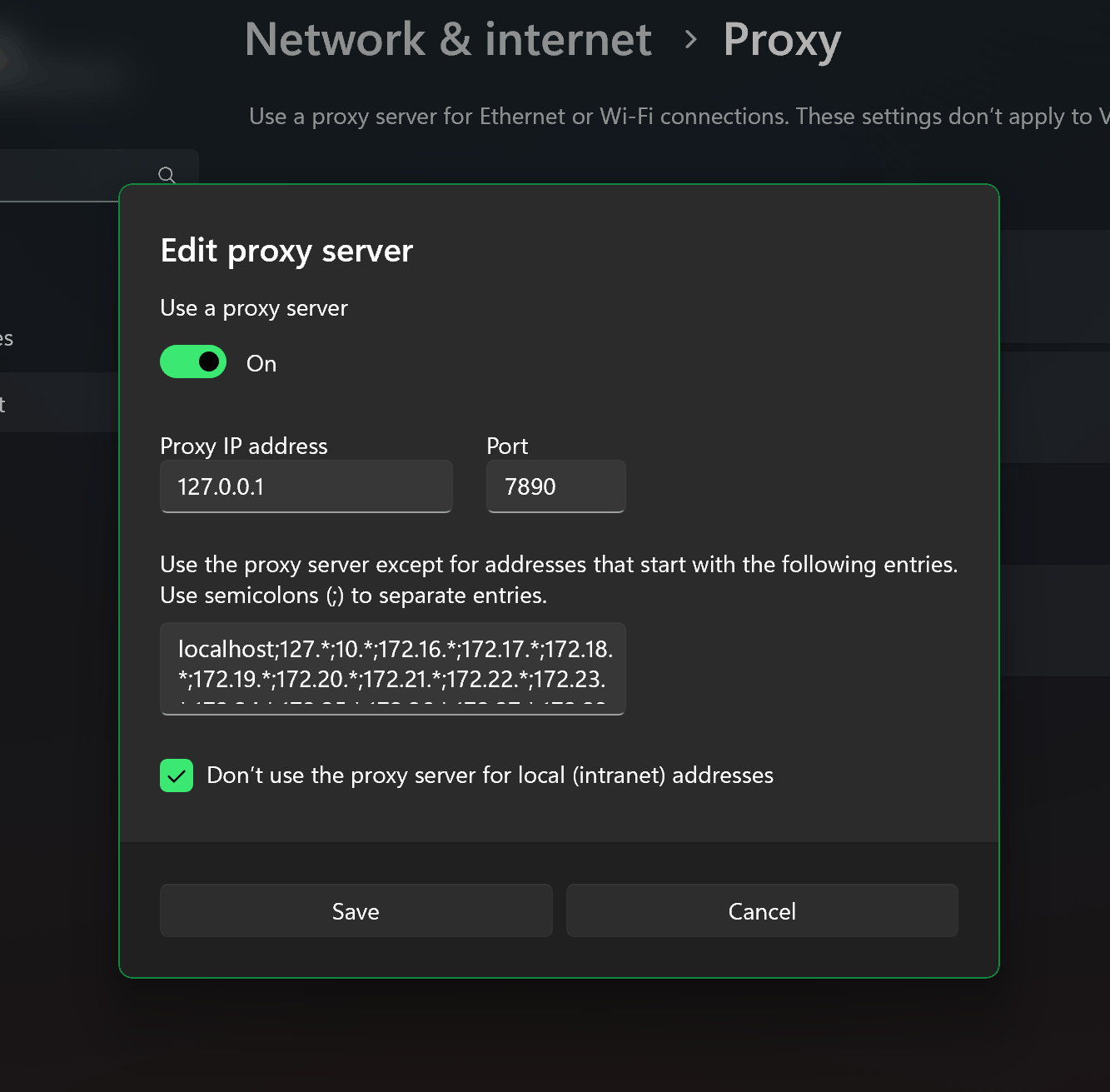 Windows 11 proxy settings showing proxy IP address port and local address exceptions