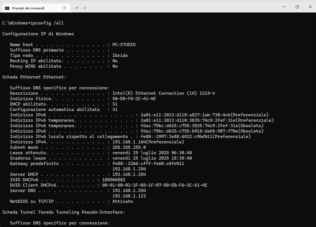 Windows Command Prompt showing ipconfig slash all output with the Physical Address field for an Ethernet adapter